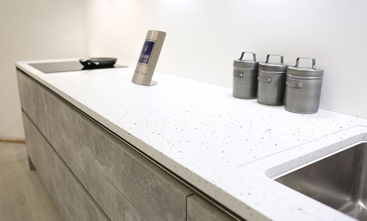 Solid acrylic white kitchen worktop with terrazzo effect