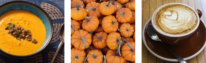 Colourful autumn food: pumpkin soup and warm coffee