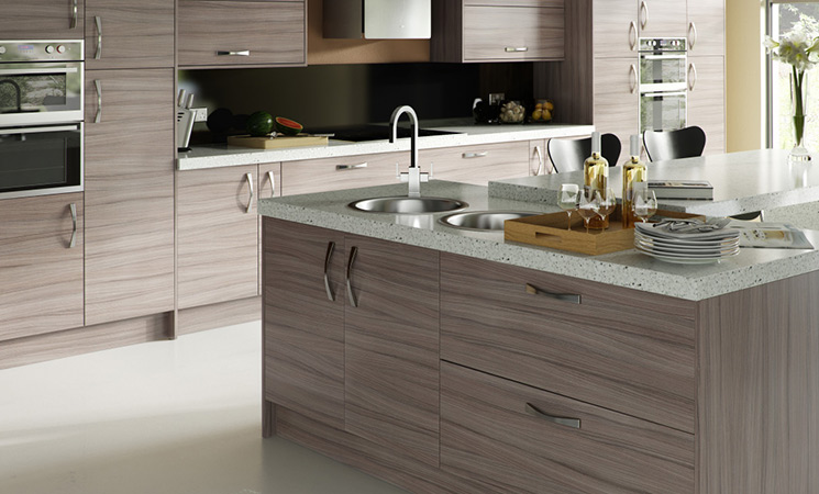 Slim lined, curve bow handles on matt wood effect fitted kitchen cabinets