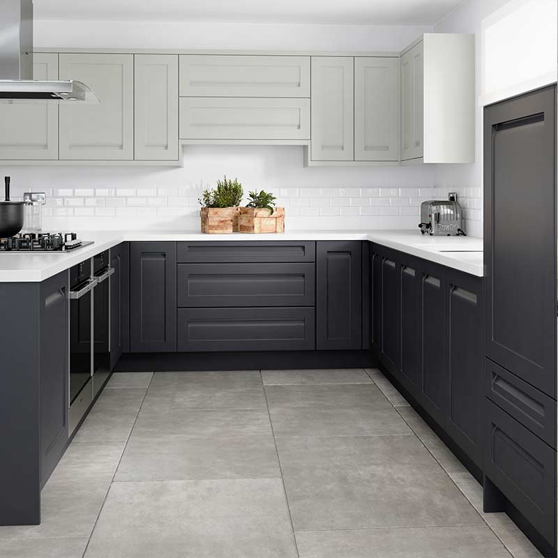 A grey fitted kitchen