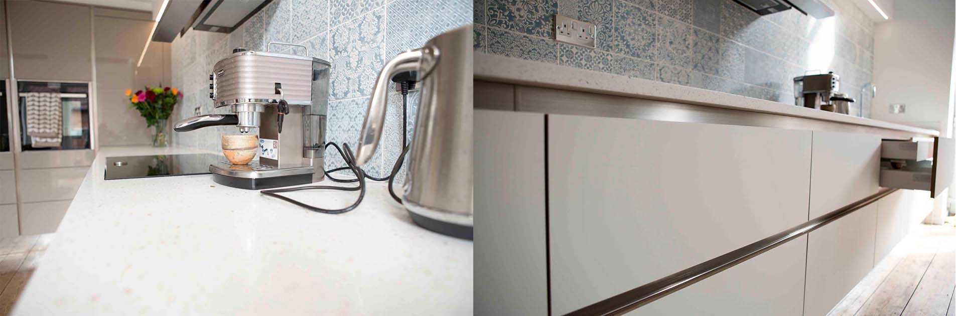 Kitchen case study: hob on white worktop and sleek handle-less kitchen drawer units