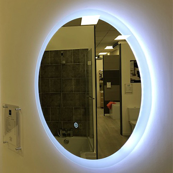 round led bathroom mirror in blue light