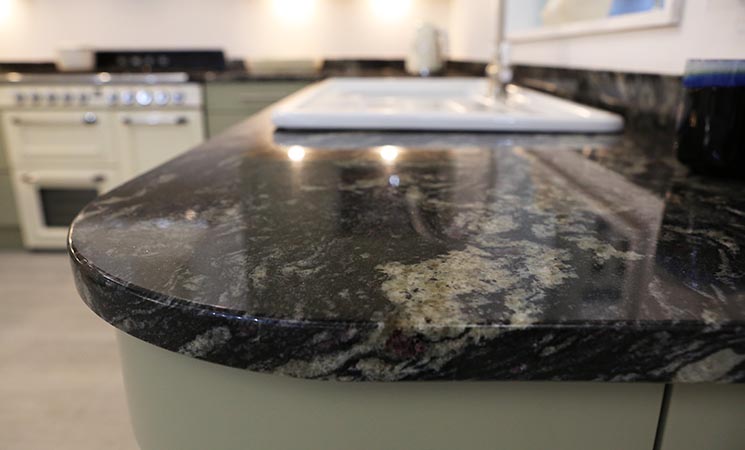 Rounded corner profile black granite effect worktop 