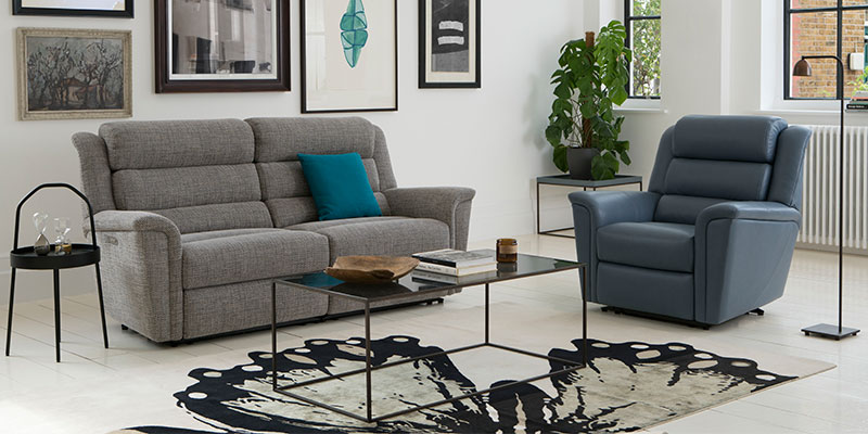 Colorado 2 Seater Recliner Sofa in Latitude Grey, Colorado Power Recliner Chair in Roma Storm