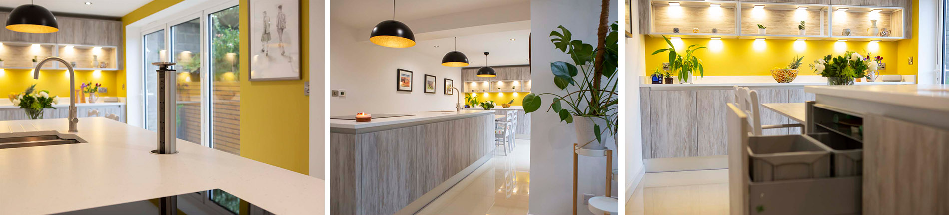 Crown handleless kitchen with mustard yellow feature wall and open shelving