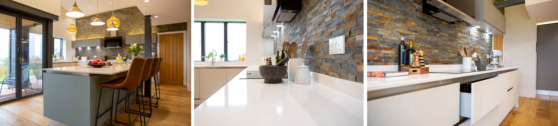 Modern barn renovation with Crown Handle-less fitted kitchen in tones of grey