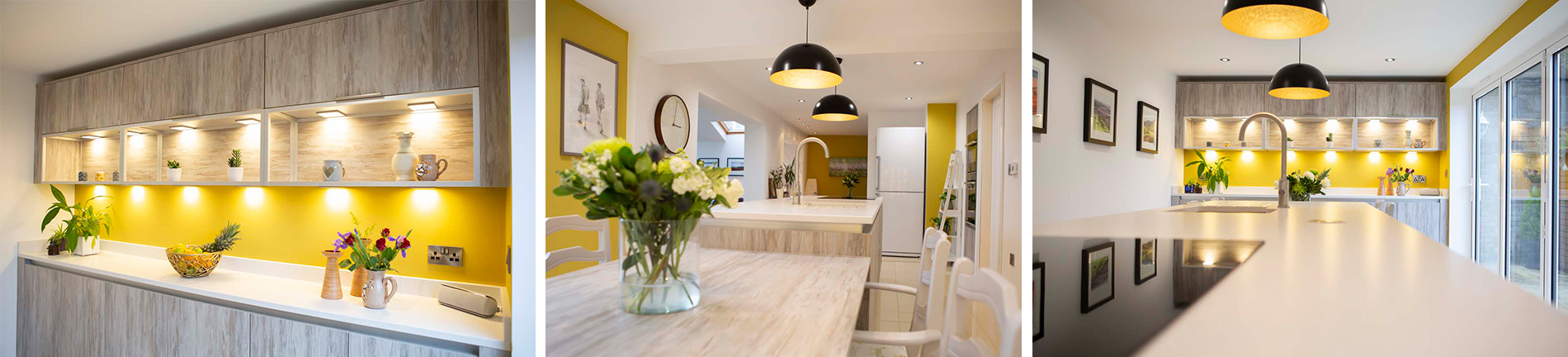 Crown Handleless kitchen with open shelving, kitchen island and mustard feature wall