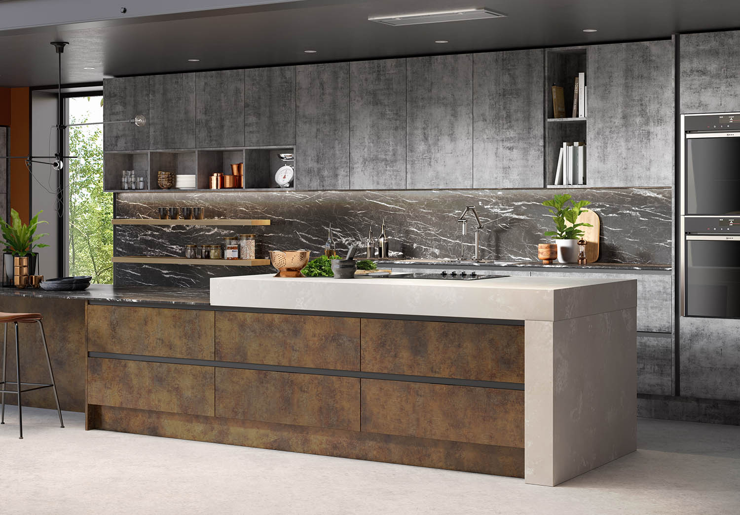 Marbled splashback and textured kitchen