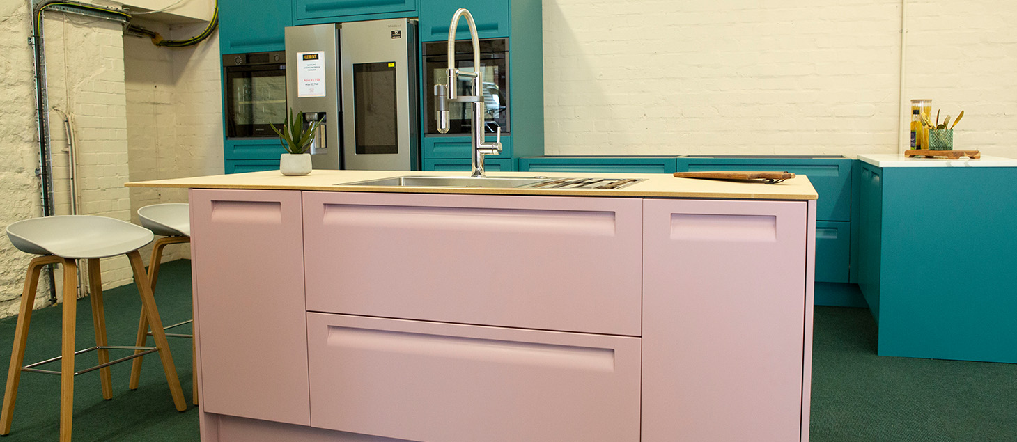 Mackintosh ex-display green and pink kitchen