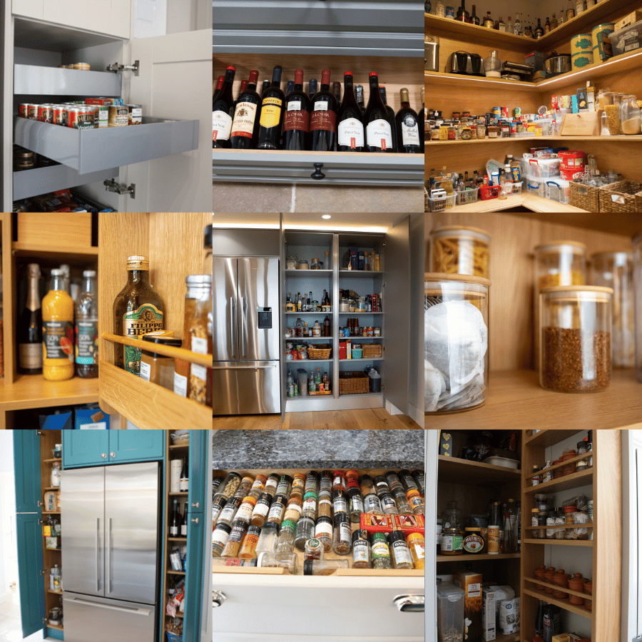 Selection of photographs depicting pantries in various modern and traditional kitchens