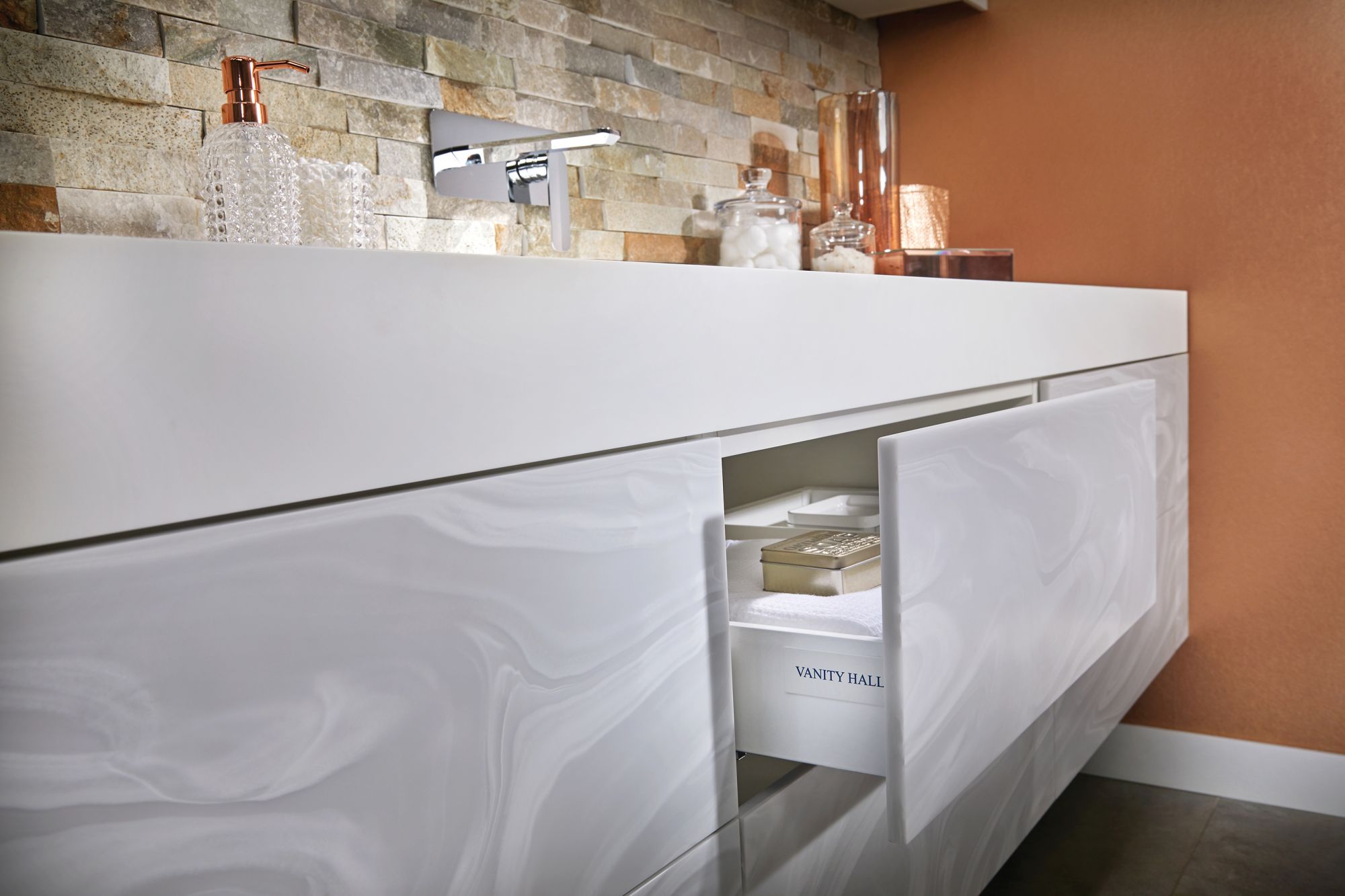 Vanity Hall Modern Bathroom Collection front drawers Corian Clad Grey Onyx at Gardiner Haskins 