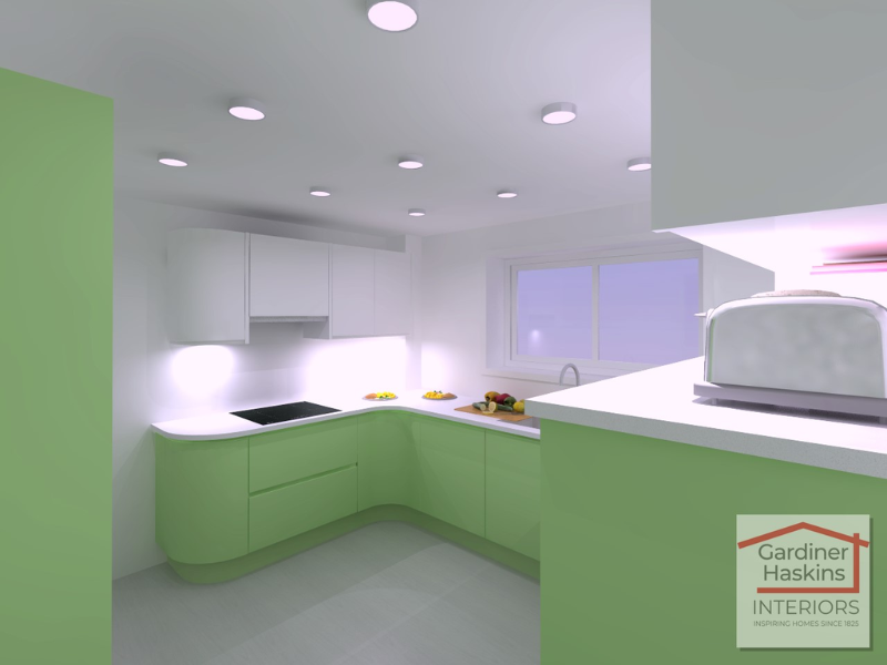 One of Zoe's designs featuring a bright green kitchen.